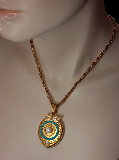 Victorian Archaeological Revival Gold Pearl Turquoise Locket Pendant c 1885