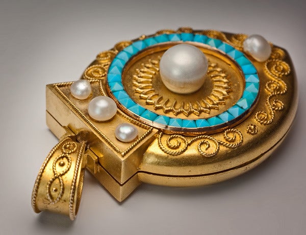 Archaeological Revival Gold Pearl Turquoise Locket Pendant c 1885 2