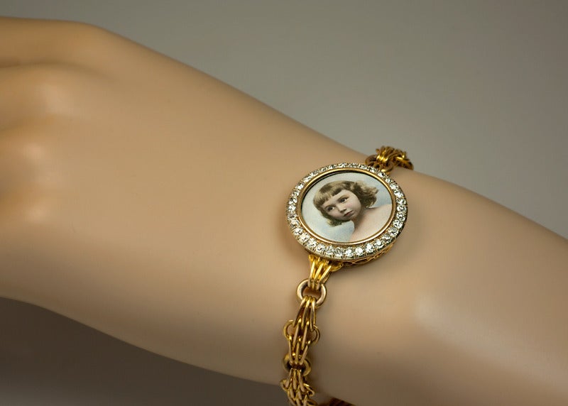 Edwardian Antique Portrait Miniature Diamond Gold Bracelet