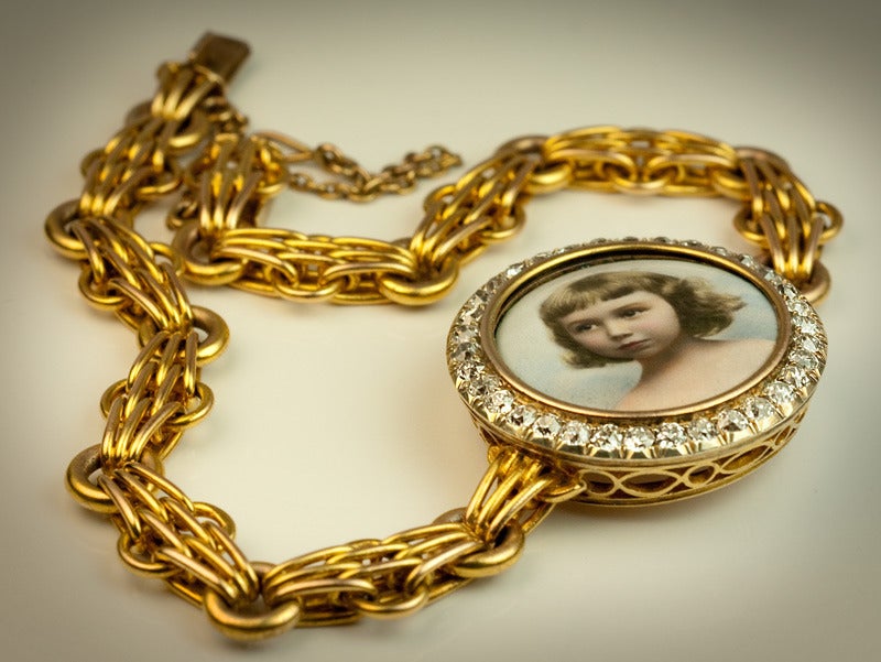 Antique Portrait Miniature Diamond Gold Bracelet In Excellent Condition In Chicago, IL