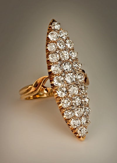 Antique Russian Diamond Cluster Marquise Shaped Ring In Excellent Condition In Chicago, IL