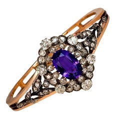 Siberian Amethyst Diamond Cluster Antique Gold Bangle Bracelet 6