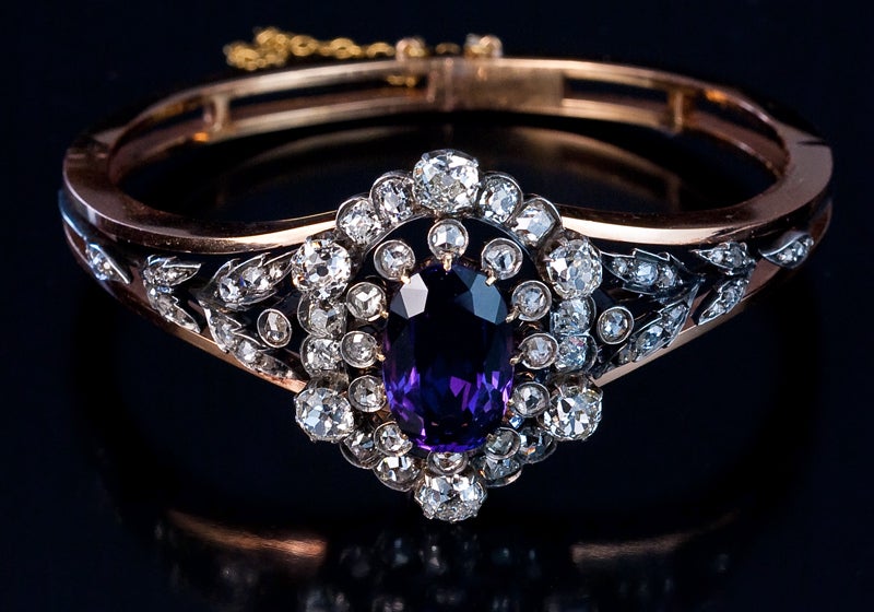Old Mine Cut Antique Siberian Amethyst Diamond Gold Bangle Bracelet