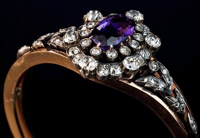 Women's Antique Siberian Amethyst Diamond Gold Bangle Bracelet