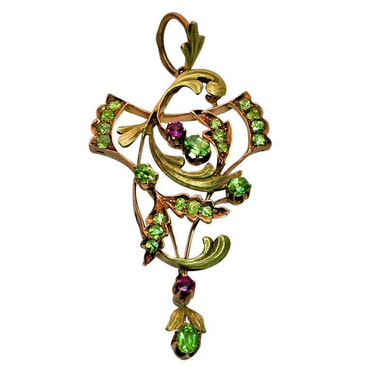 Art Nouveau Demantoid Garnet Two-Color Gold Pendant at 1stDibs