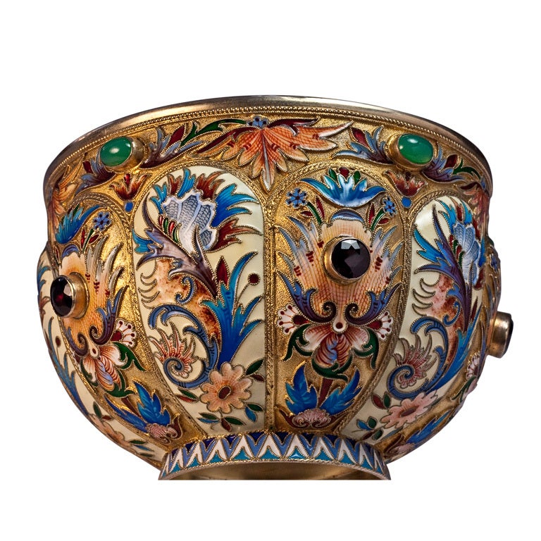 Antique Russian Cloisonné Enamel Gilded Silver Bowl For Sale
