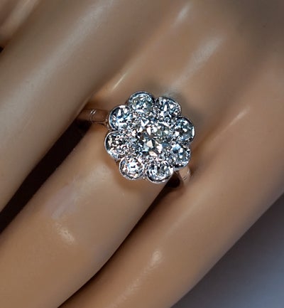 Edwardian Antique Diamond Platinum Cluster Engagement Ring