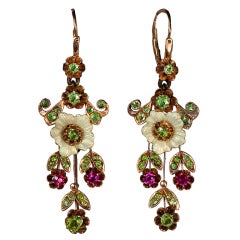 Antique Russian Art Nouveau Enameled Demantoid Long Earrings