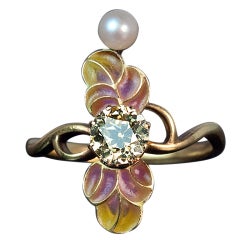 Art Nouveau Enamel Diamond Pearl Ring