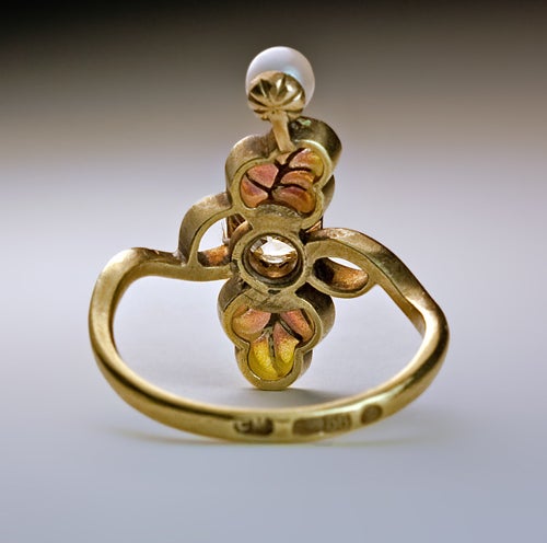 Women's Art Nouveau Enamel Diamond Pearl Ring