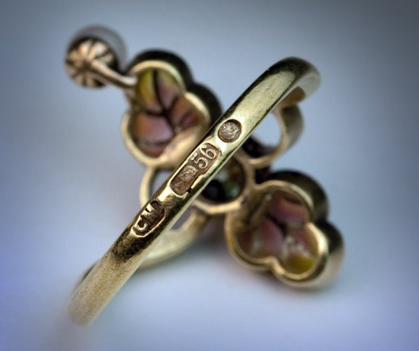 Art Nouveau Enamel Diamond Pearl Ring 1