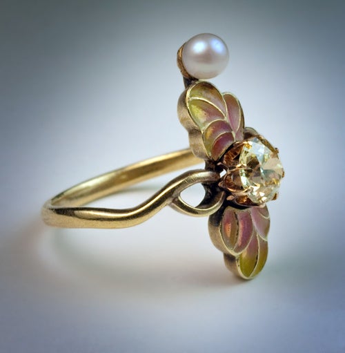 Art Nouveau Enamel Diamond Pearl Ring 2