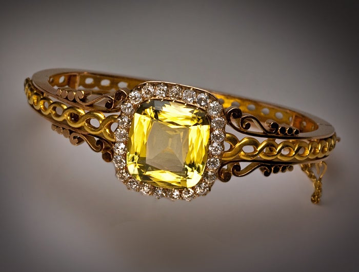Victorian Antique Russian Heliodor Diamond Two Color Gold Bracelet