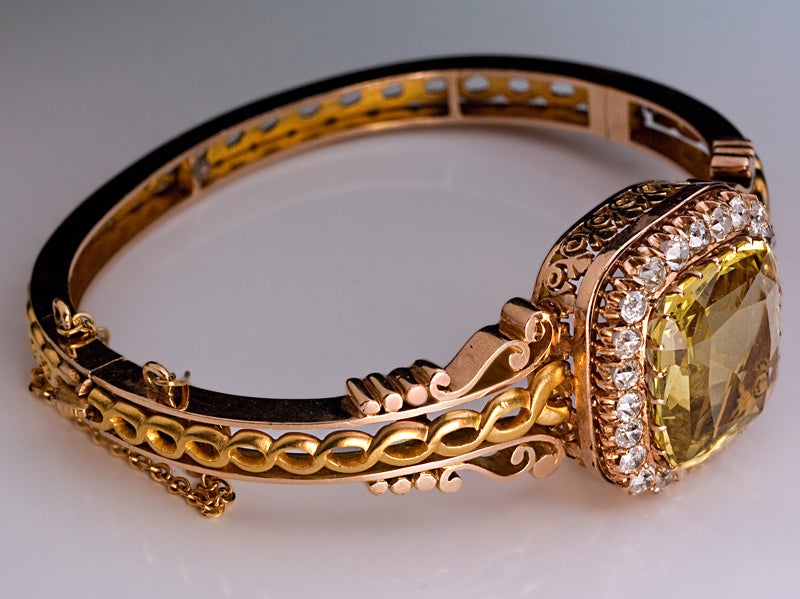 Antique Russian Heliodor Diamond Two Color Gold Bracelet In Excellent Condition In Chicago, IL