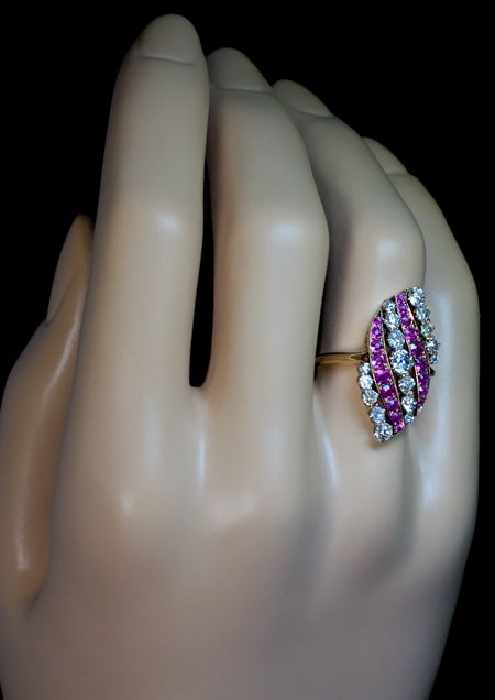 Edwardian Antique Russian Belle Epoque Pink Sapphire Diamond Gold Swirl Ring For Sale