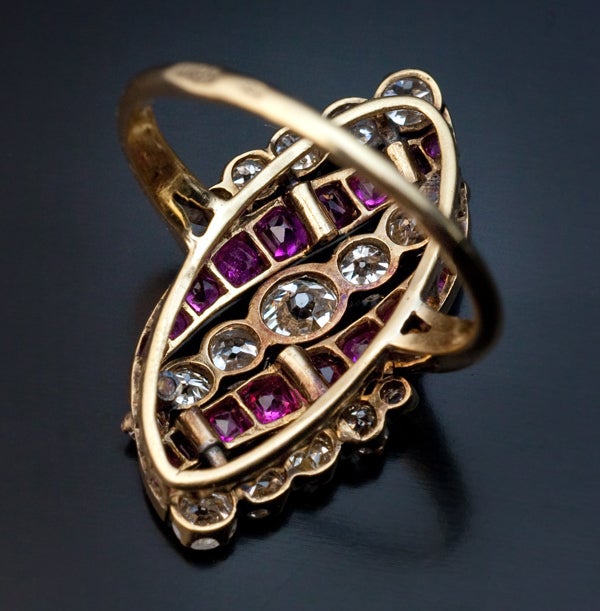 Antique Russian Belle Epoque Pink Sapphire Diamond Gold Swirl Ring In Excellent Condition For Sale In Chicago, IL