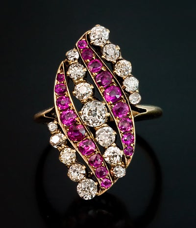 Antique Russian Belle Epoque Pink Sapphire Diamond Gold Swirl Ring For Sale 1