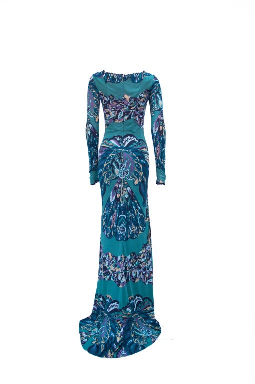 Blue Emilio Pucci Runway Multi-color Printed Stretch Jersey Evening Gown New For Sale