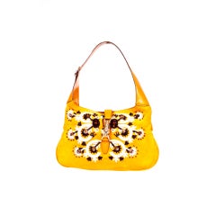 Retro Gucci Jackie-O Mustard Gold Suede Bag with Embroidery