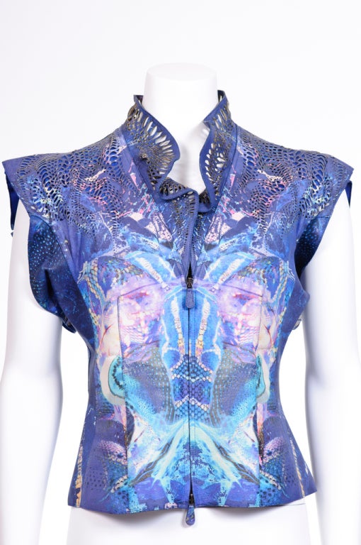 Alexander Mcqueen 2010 Spring/Summer (Final Season) Beautifully Lazer-cut & Printed Blue Leather Jacket. 
Alexander Mcqueen the tragic genius! This Laser-cut and aqua-prints leather jacket is the epitome of magical prints, and the amazing,