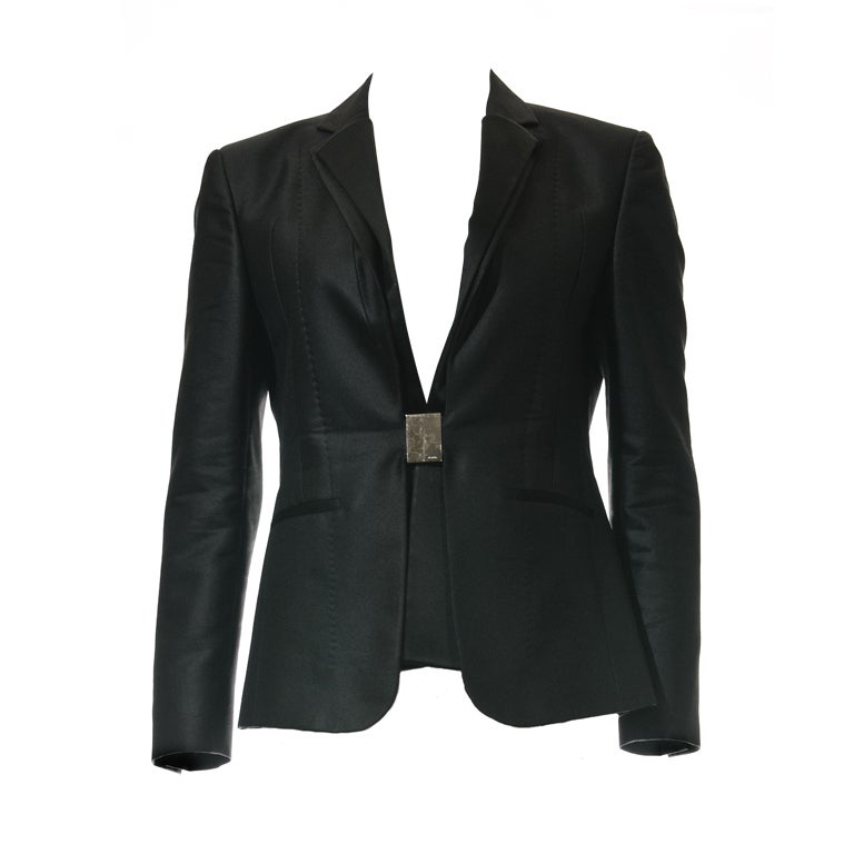 Gucci 2011 Black Wool/Silk Jacket w/ Silver Metal Clasp w/ logo