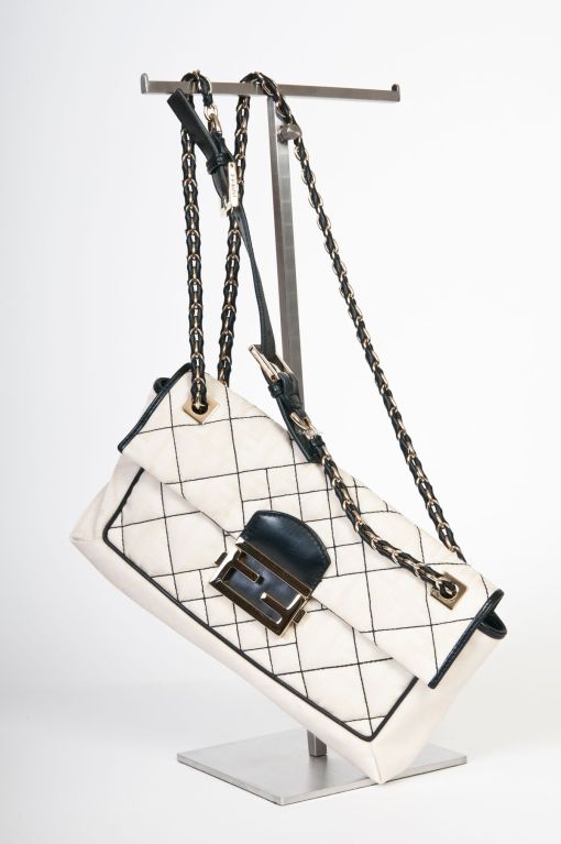 Fendi Black & Beige Leather Fabric Shoulder Bag