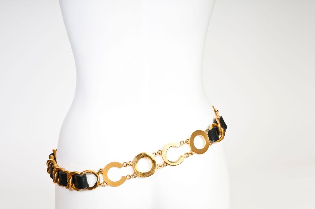 Women's Chanel Jumbo Logo Gold Chain & Leather Belt