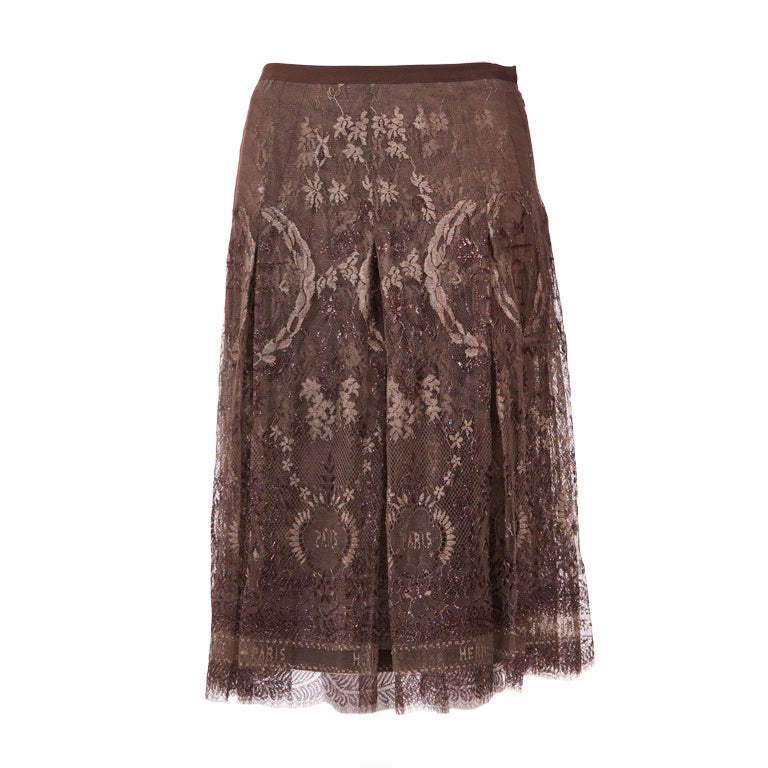 Hermes Logo  Embossed Taupe Lace Skirt New For Sale