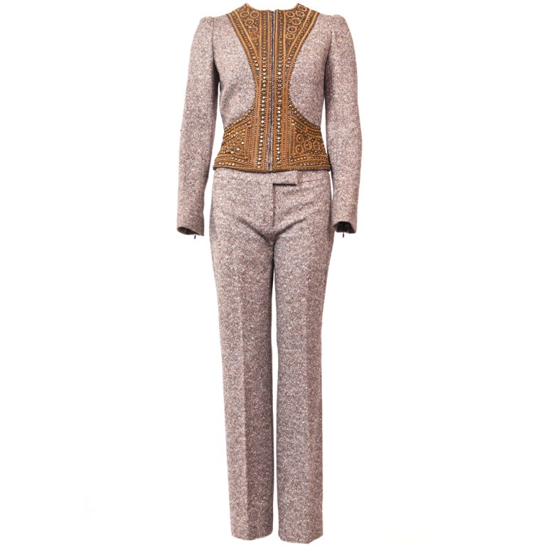 Alexander McQueen Embellished Wool Tweed Pants Suit New For Sale