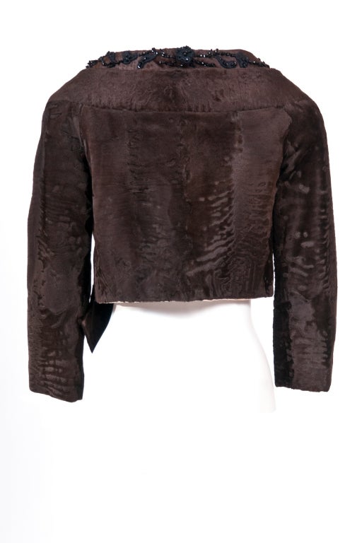 Black Prada Brown Broadtail Fur Embellished Short Jacket For Sale