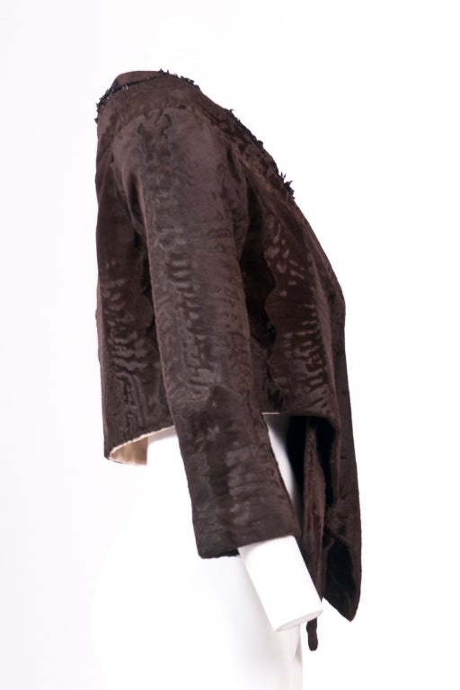 Prada Brown Broadtail Fur Embellished Short Jacket In Excellent Condition For Sale In Hong Kong, Hong Kong