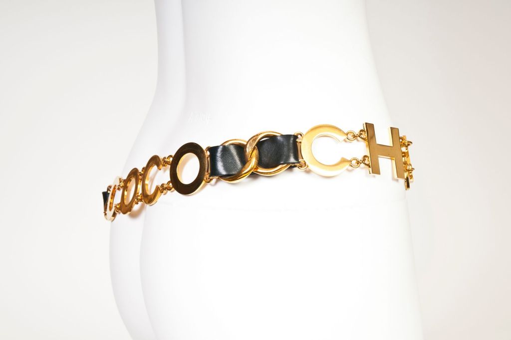 Women's Chanel Jumbo Logo Gold Chain & Leather Belt