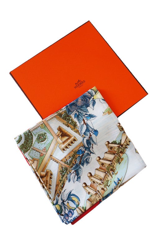 Au Pays de Cocagne by Zoe Pauwels issued c2000. Unworn, with care tag is attached. The colors are bright and vibrant.

This entire collection of Hermes pieces was obtained from a single wealthy and refined collector of Hermes items. All are in