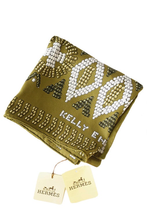 2010 first issue Kelly en Perle screened on vintage silk. Unworn, with care tag and original store tags attached. The colors are bright and vibrant.

This entire collection of Hermes pieces was obtained from a single wealthy and refined collector