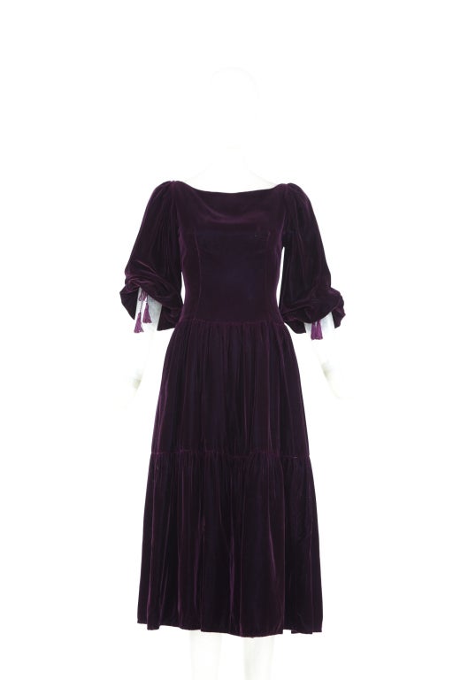 OSCAR DE LA RENTA 1970s Purple Tassel Peasant Dress For Sale 1