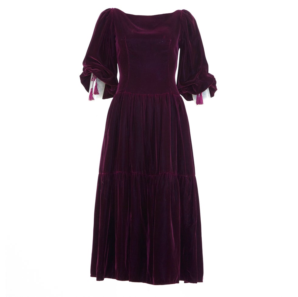 OSCAR DE LA RENTA 1970s Purple Tassel Peasant Dress For Sale