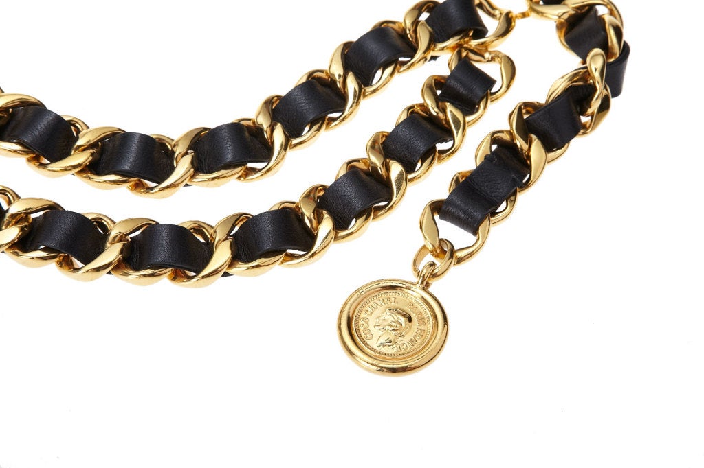 CHANEL Gold Tone Chain Link and Leather Belt at 1stDibs