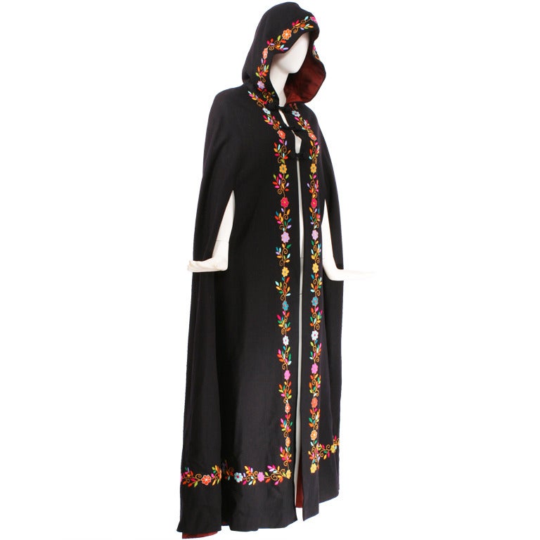 1970s Couture Embroidrered Cape with Hood