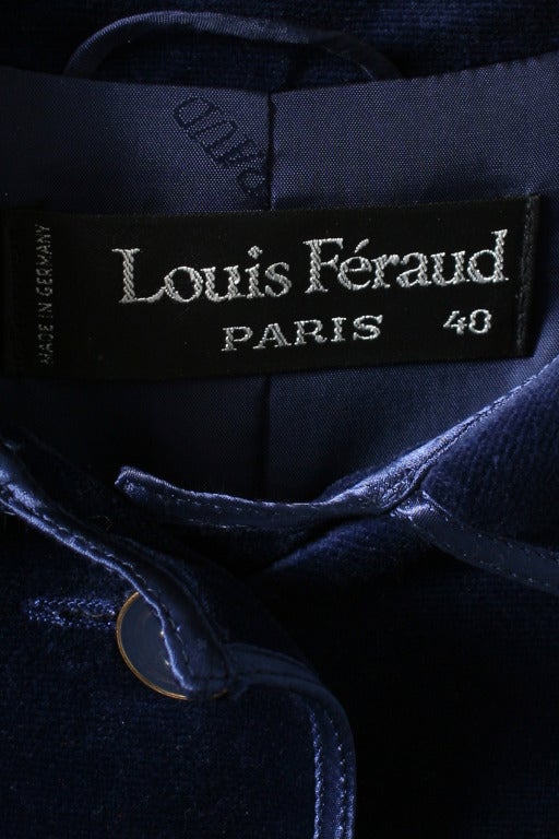 Louis Feraud Dark Sapphire Blue Coat. This coat is of the finest quality and tailoring. Fabric is plush silk velvet in a deep vibrant blue. Satin trim. Blue enamel buttons. Mint Condition. 

Store Location:

DEVORADO
436 E.9th St.
NYC, NY