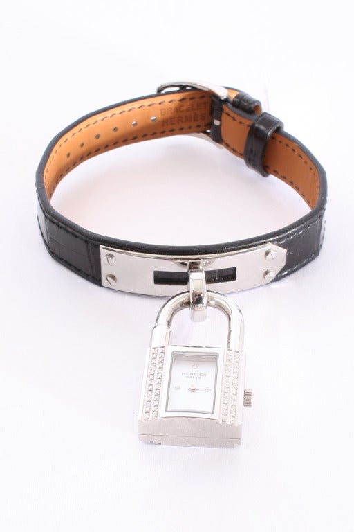 Hermes Women's Kelly Diamond Black Shiny Leather Watch For Sale 3