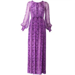 Yves Saint Laurent Haute Couture 1970s Silk Python Print Chiffon Gown