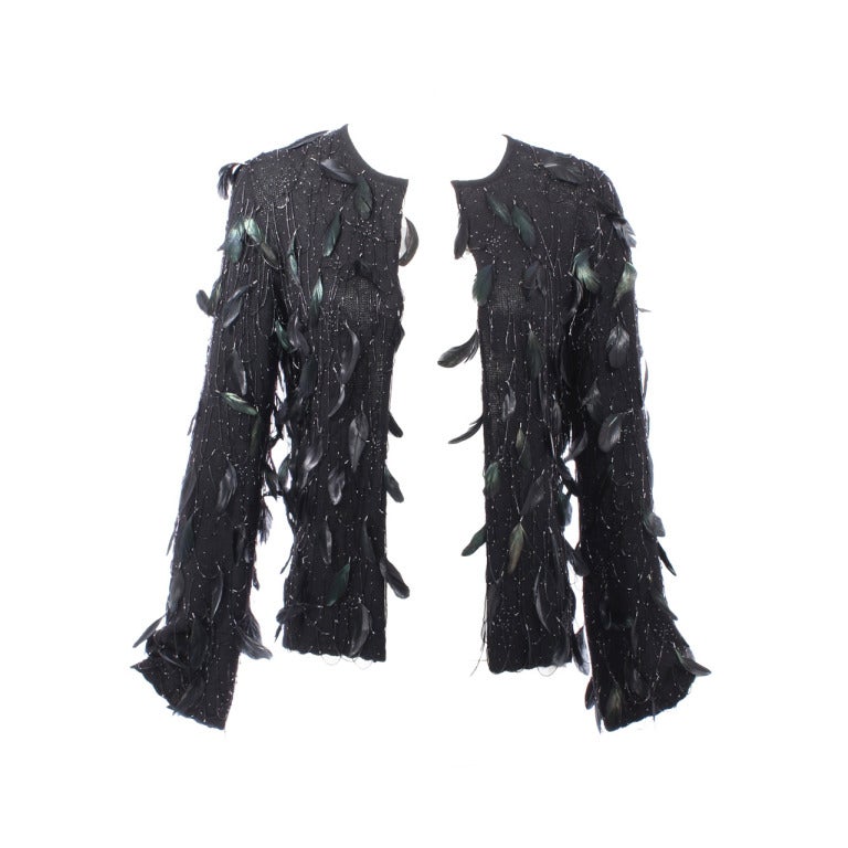 Oscar de la Renta Feathers and Beads Couture Jacket For Sale