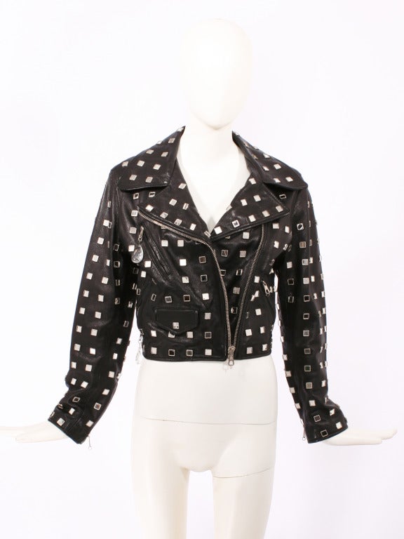 Rare Moschino Mirrored Leather Moto Jacket In Excellent Condition In New York, NY