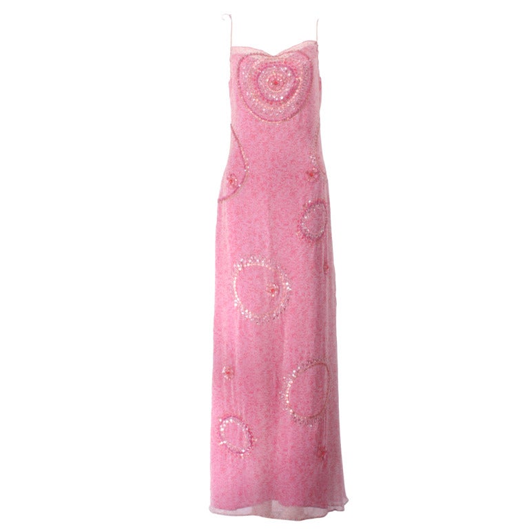 Badgley Mischka Pink Beaded and Sequins Gown For Sale