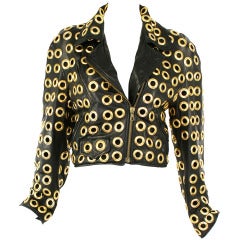 Moschino Grommets Black and Gold Leather Motorcycle Jacket