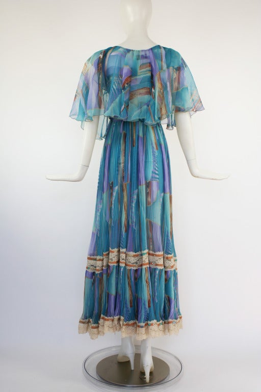 Women's Early Koos Van Den Akker Blue 1970's Peasant Dress