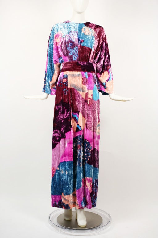 Hanae Mori 1970's Pink, Blue and Purple Gown- never worn with Bergdorf tags still attached. A phenomenally beautiful dress made of the softest , lightest silk velvet. Attached belt. Plunging back with two large buttons. Small-Medium Sizes. New