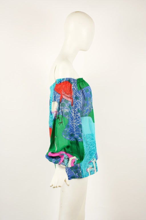 Hanae Mori 1970's Off-Shoulder Birds of Paradise Blouse In Excellent Condition In New York, NY