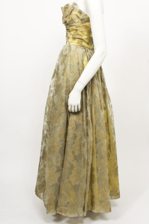 HELEN ROSE Gold Floral Strapless Gown In Excellent Condition For Sale In New York, NY