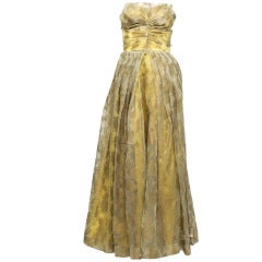 Vintage HELEN ROSE Gold Floral Strapless Gown